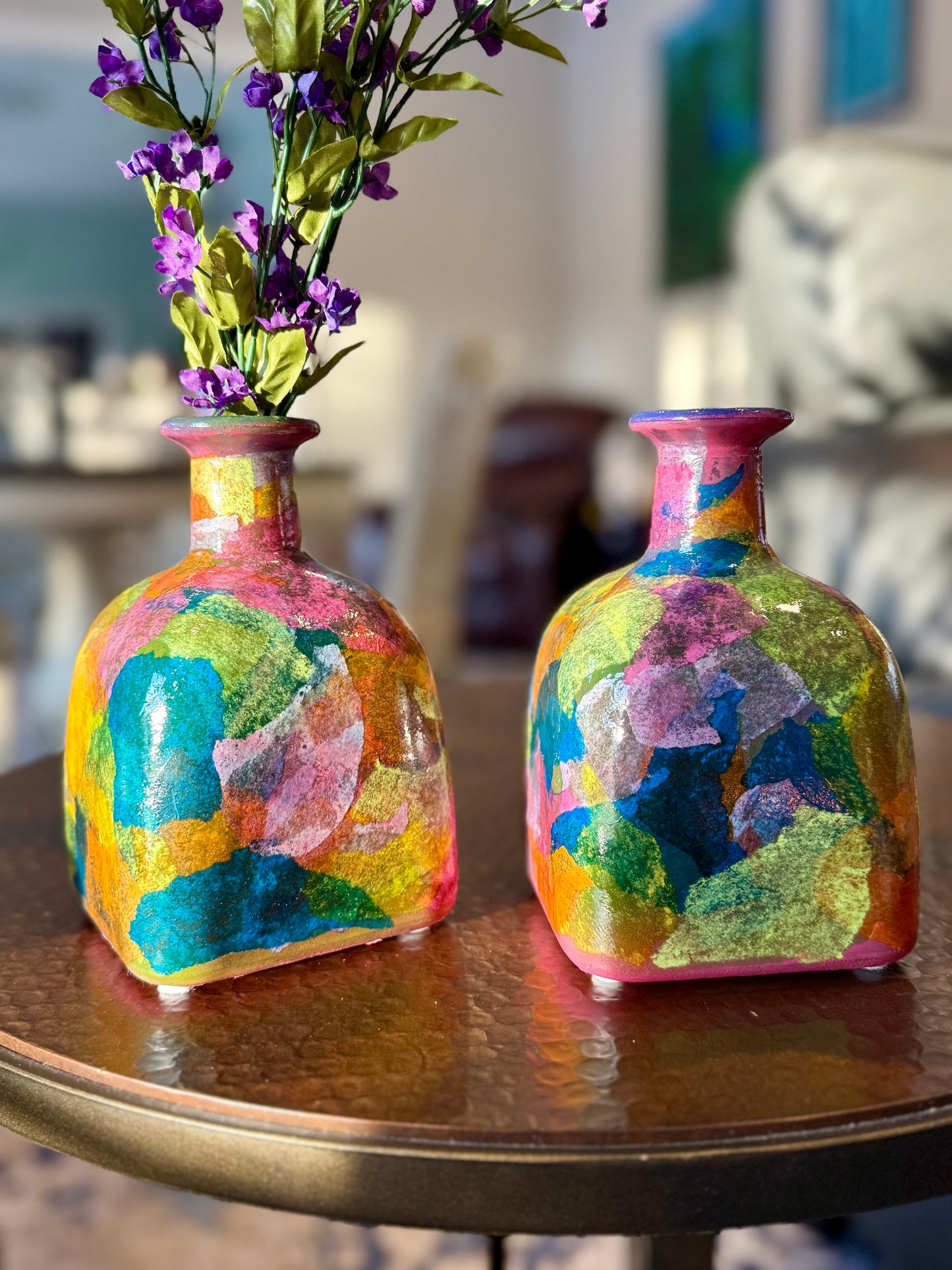Pair of colorful funky tequila bottle vases
