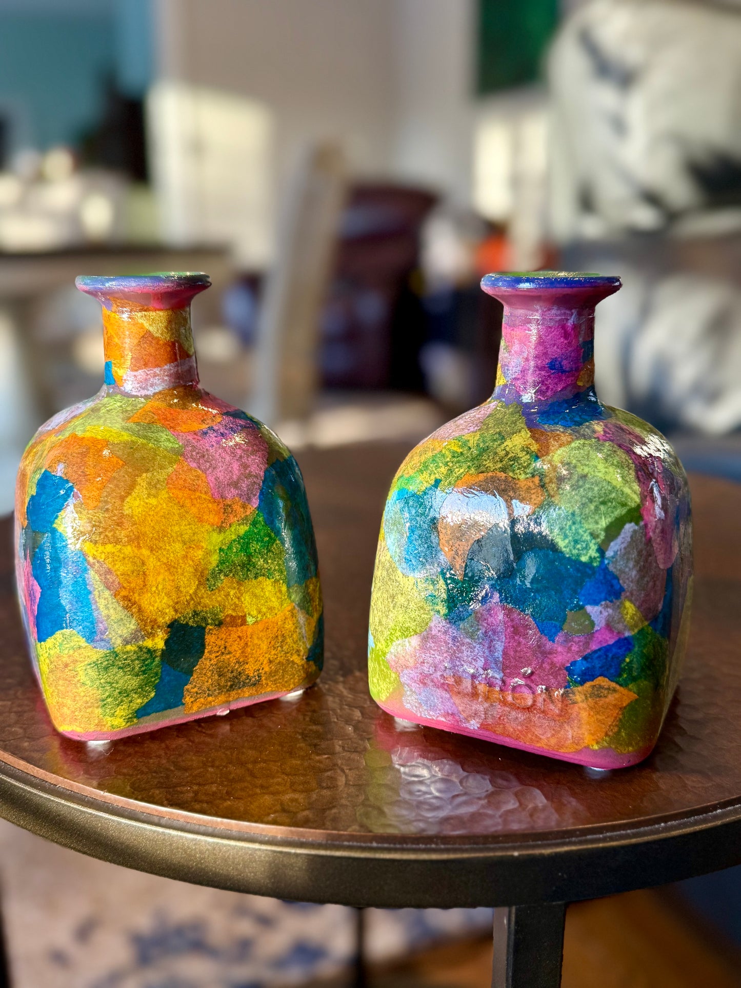 Pair of colorful funky tequila bottle vases