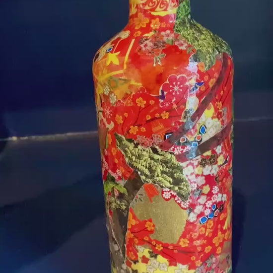 Maximalist Artsy Eclectic Decor Asian Floral Red Vase Decorated Upcycled Wine Bottle Unique Planter Bookend