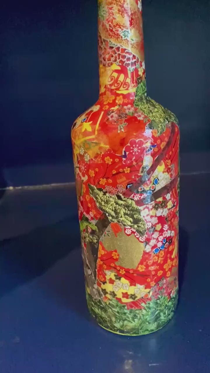 Maximalist Artsy Eclectic Decor Asian Floral Red Vase Decorated Upcycled Wine Bottle Unique Planter Bookend