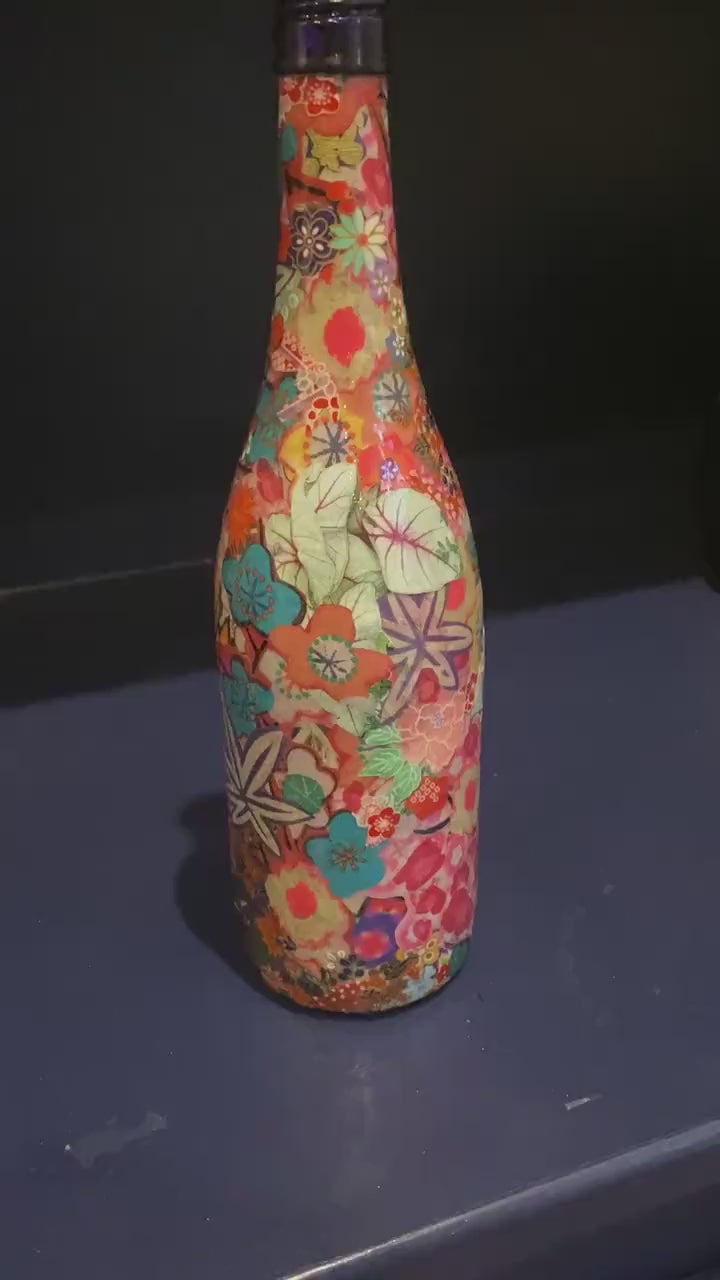 Unique bud vase maximalist eclectic decor wine bottle planter Asian style Chinoiserie recycled art