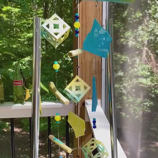 Handmade Driftwood Wind Chime, Upcycled Garden Decor, Stained Glass Sun Catcher Wind Spinner