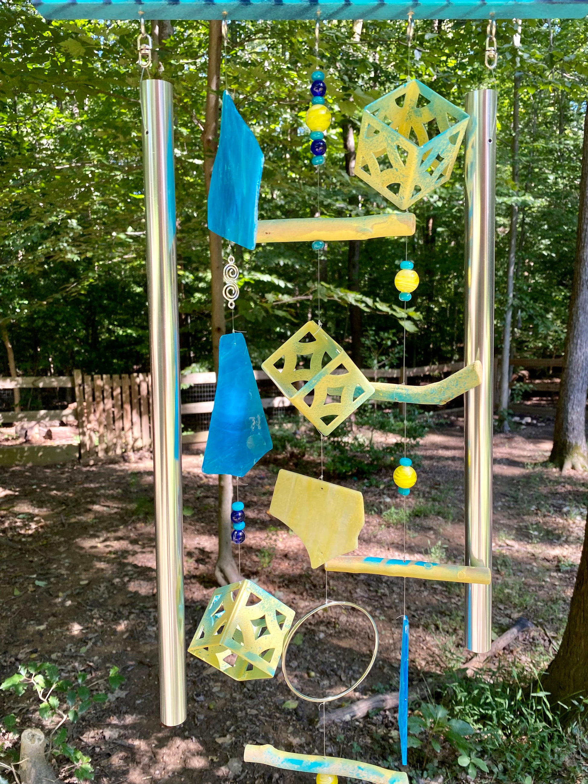 Handmade Driftwood Wind Chime, Upcycled Garden Decor, Stained Glass Sun Catcher Wind Spinner