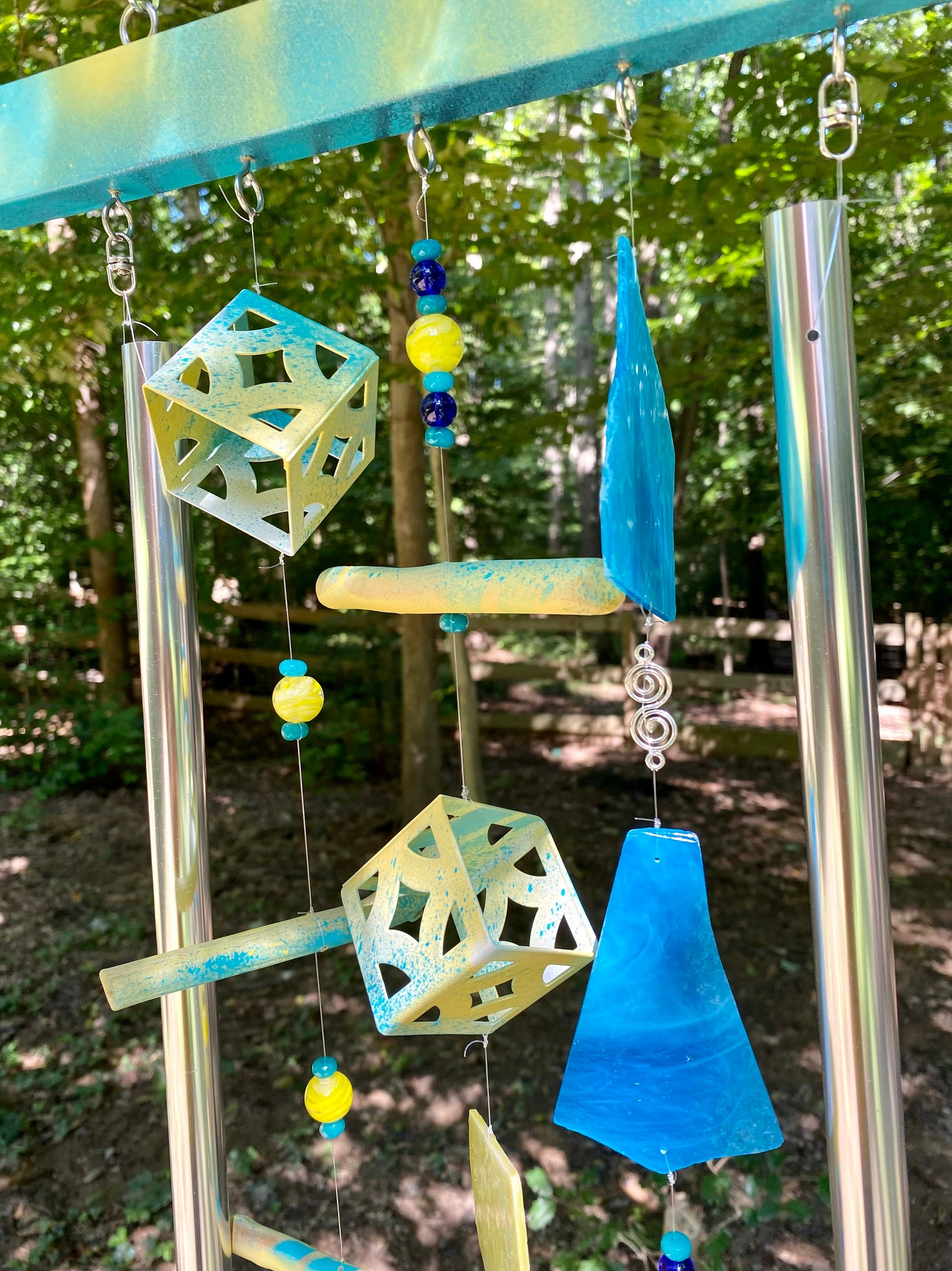 Handmade Driftwood Wind Chime, Upcycled Garden Decor, Stained Glass Sun Catcher Wind Spinner