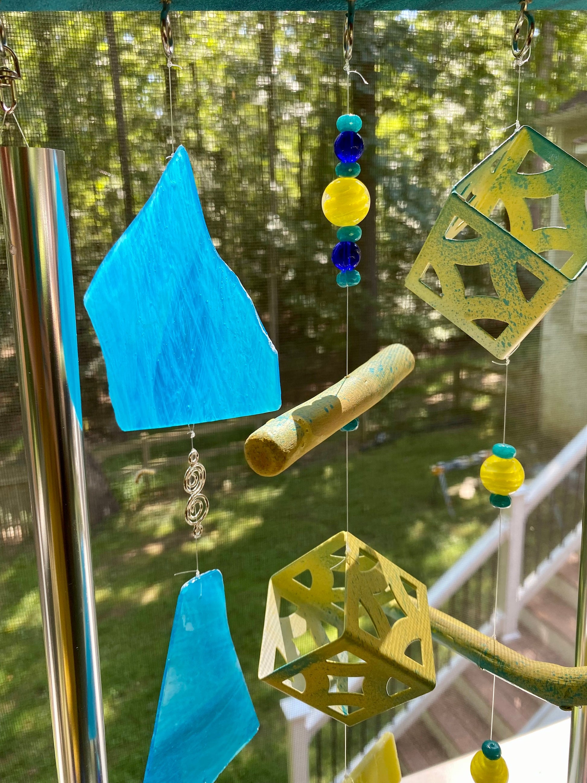 Handmade Driftwood Wind Chime, Upcycled Garden Decor, Stained Glass Sun Catcher Wind Spinner