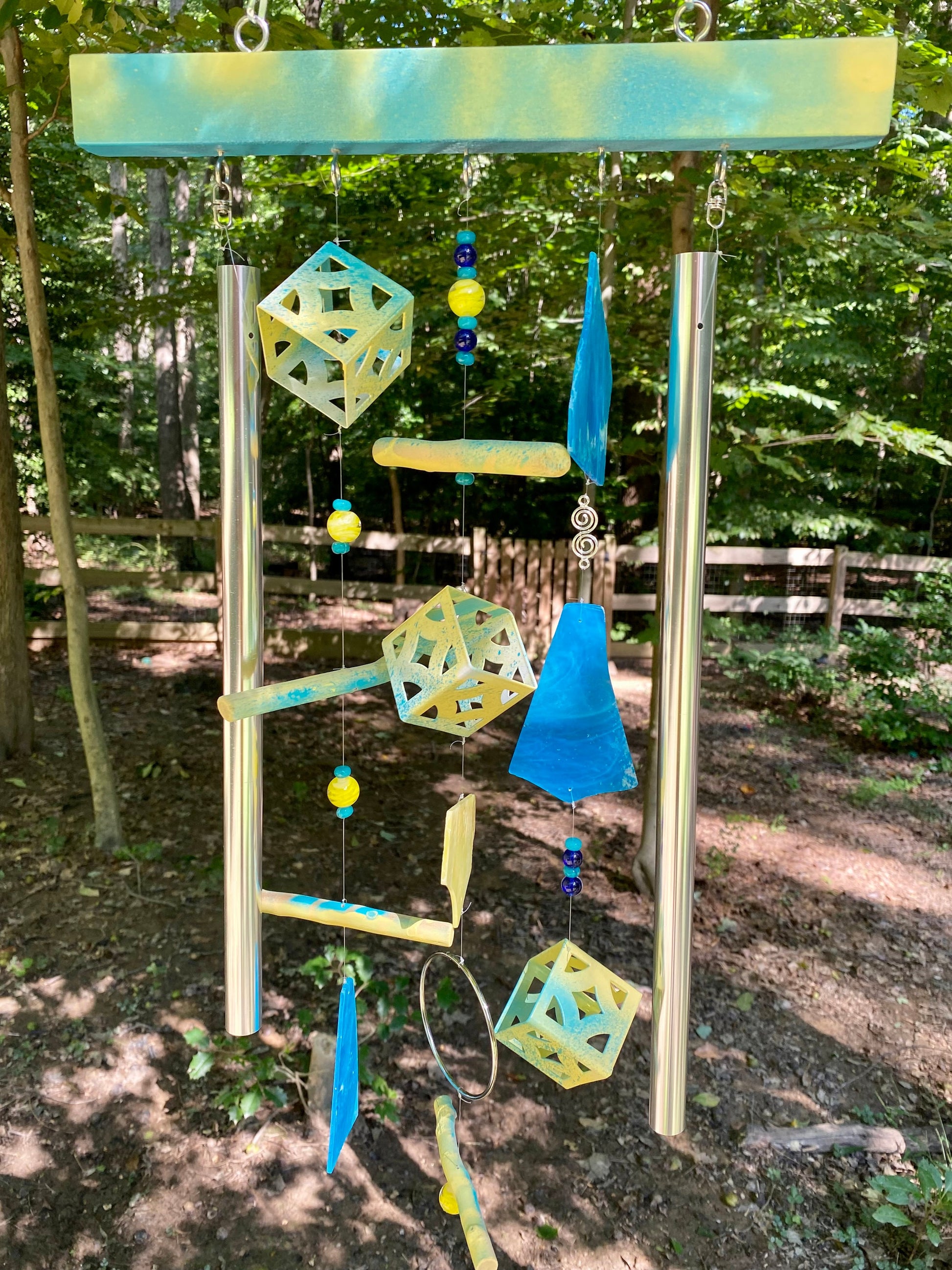 Handmade Driftwood Wind Chime, Upcycled Garden Decor, Stained Glass Sun Catcher Wind Spinner