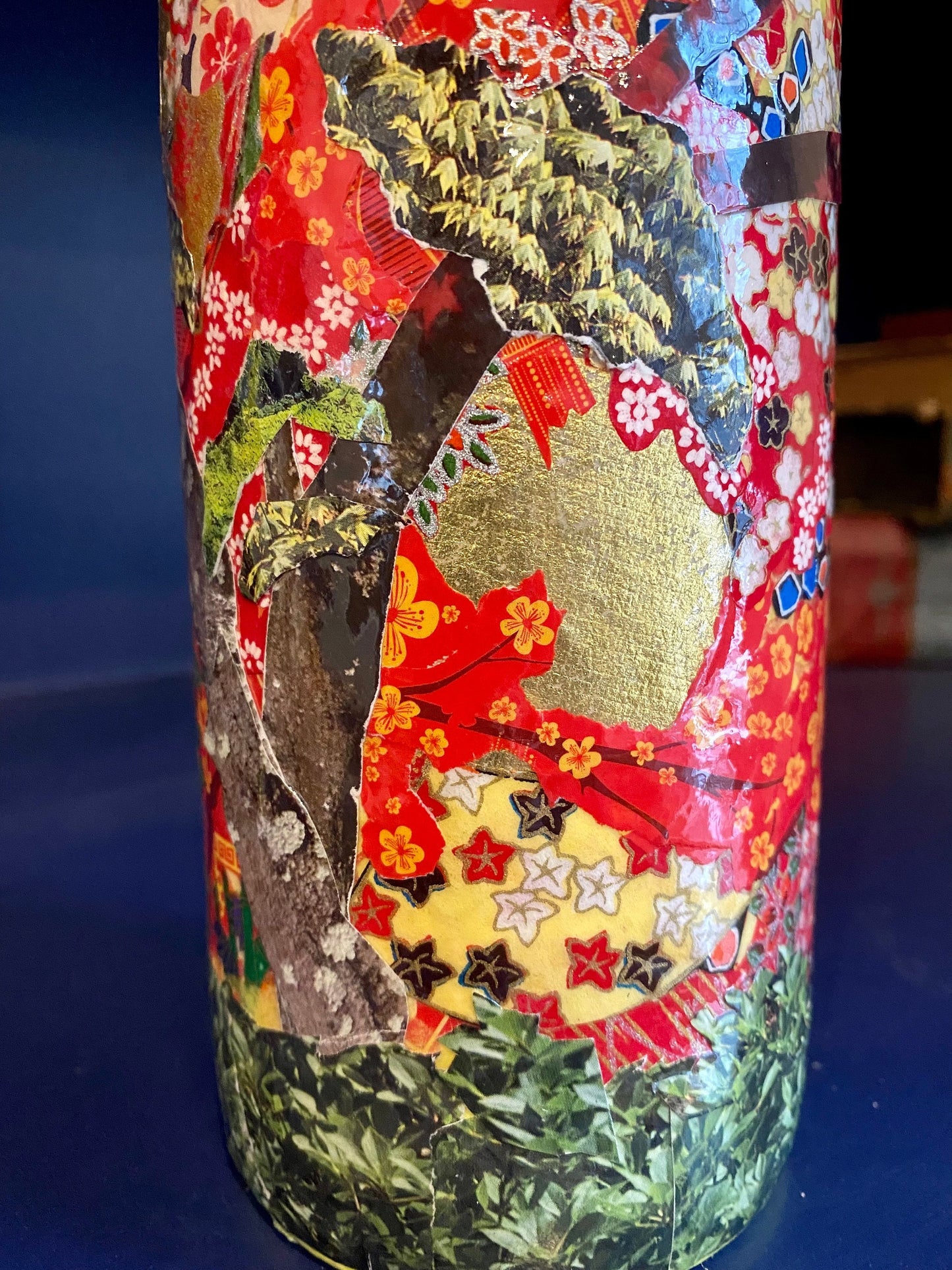 Maximalist Artsy Eclectic Decor Asian Floral Red Vase Decorated Upcycled Wine Bottle Unique Planter Bookend