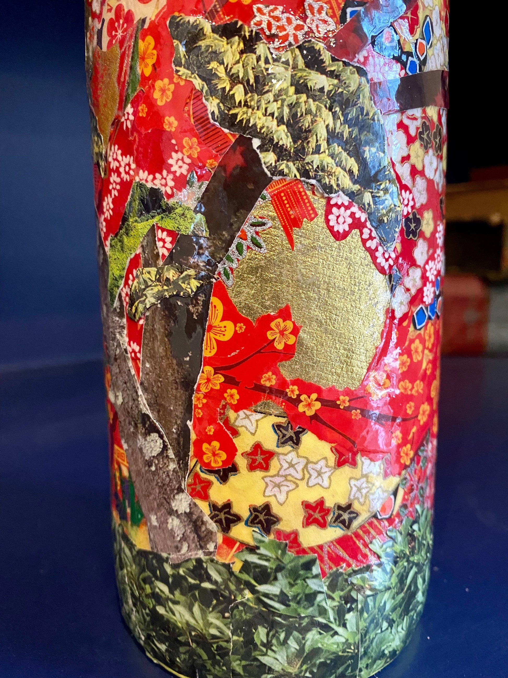 Maximalist Artsy Eclectic Decor Asian Floral Red Vase Decorated Upcycled Wine Bottle Unique Planter Bookend