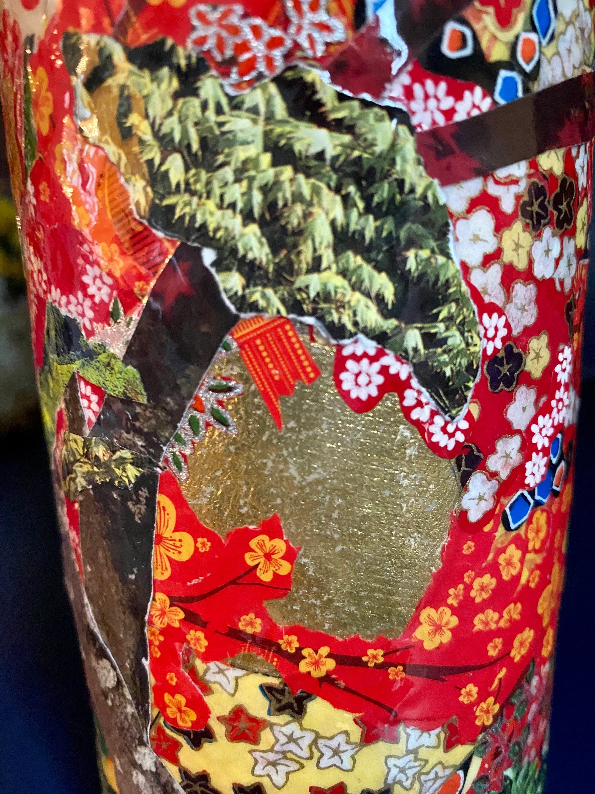 Maximalist Artsy Eclectic Decor Asian Floral Red Vase Decorated Upcycled Wine Bottle Unique Planter Bookend