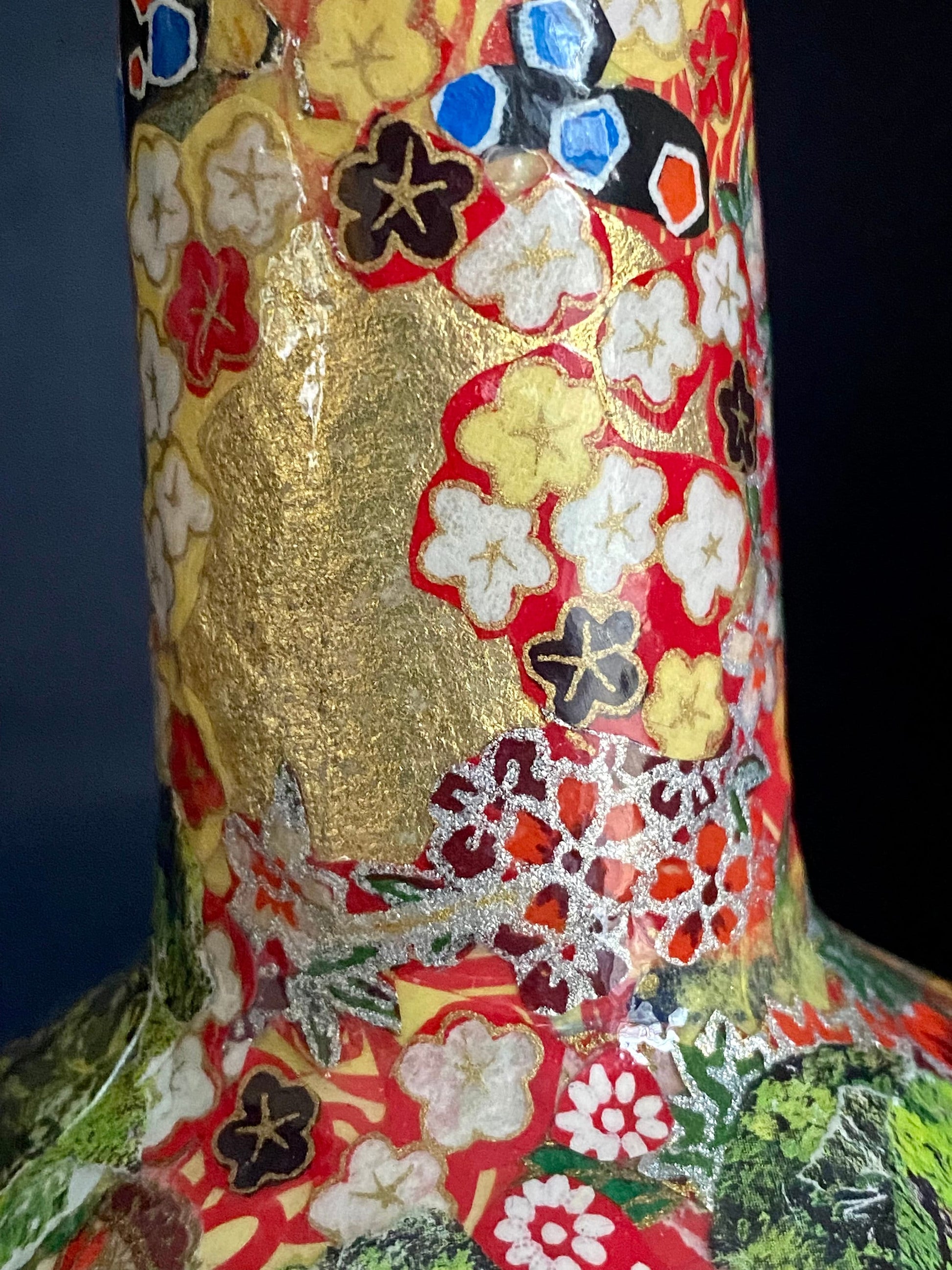 Maximalist Artsy Eclectic Decor Asian Floral Red Vase Decorated Upcycled Wine Bottle Unique Planter Bookend