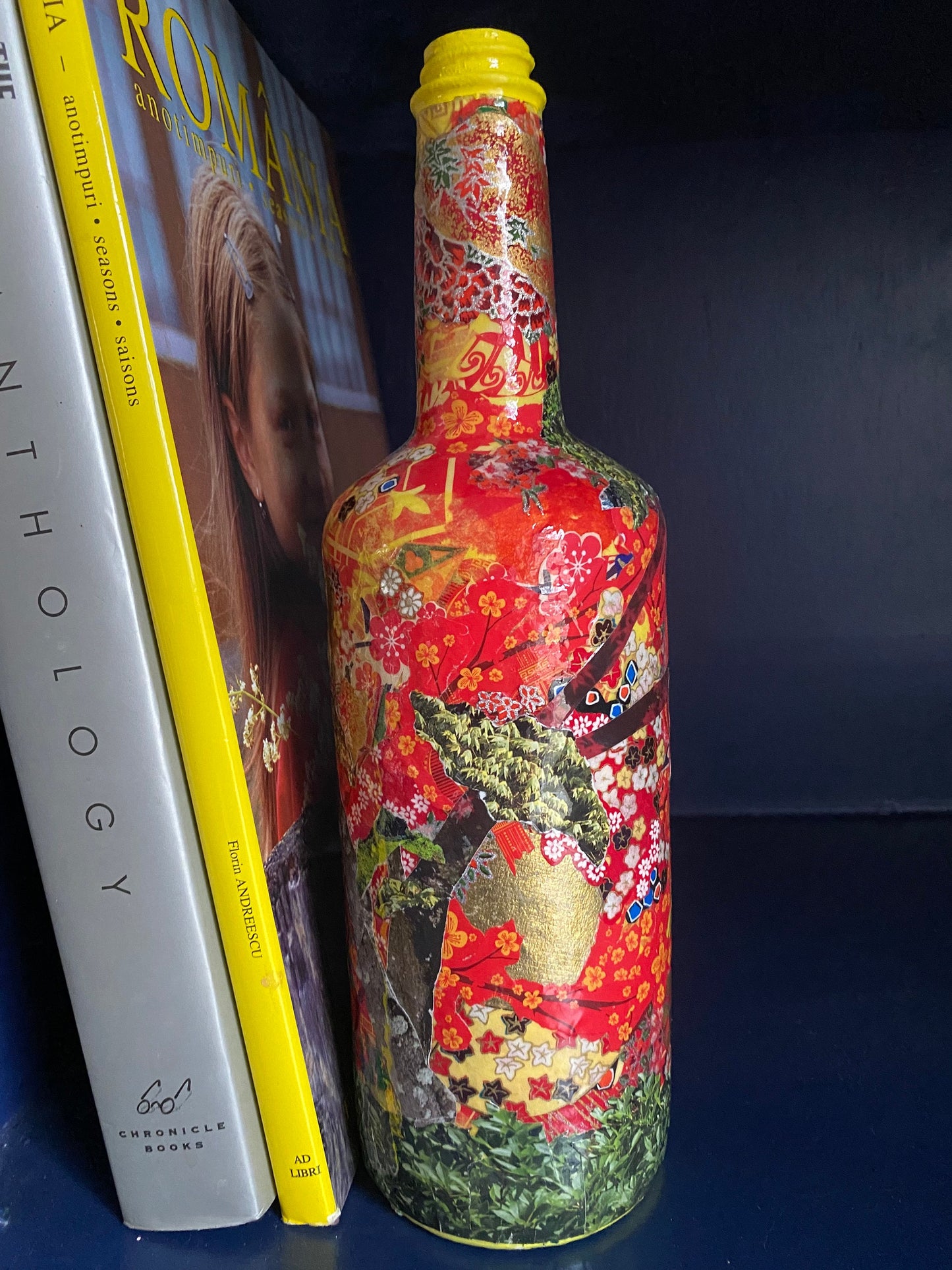 Maximalist Artsy Eclectic Decor Asian Floral Red Vase Decorated Upcycled Wine Bottle Unique Planter Bookend