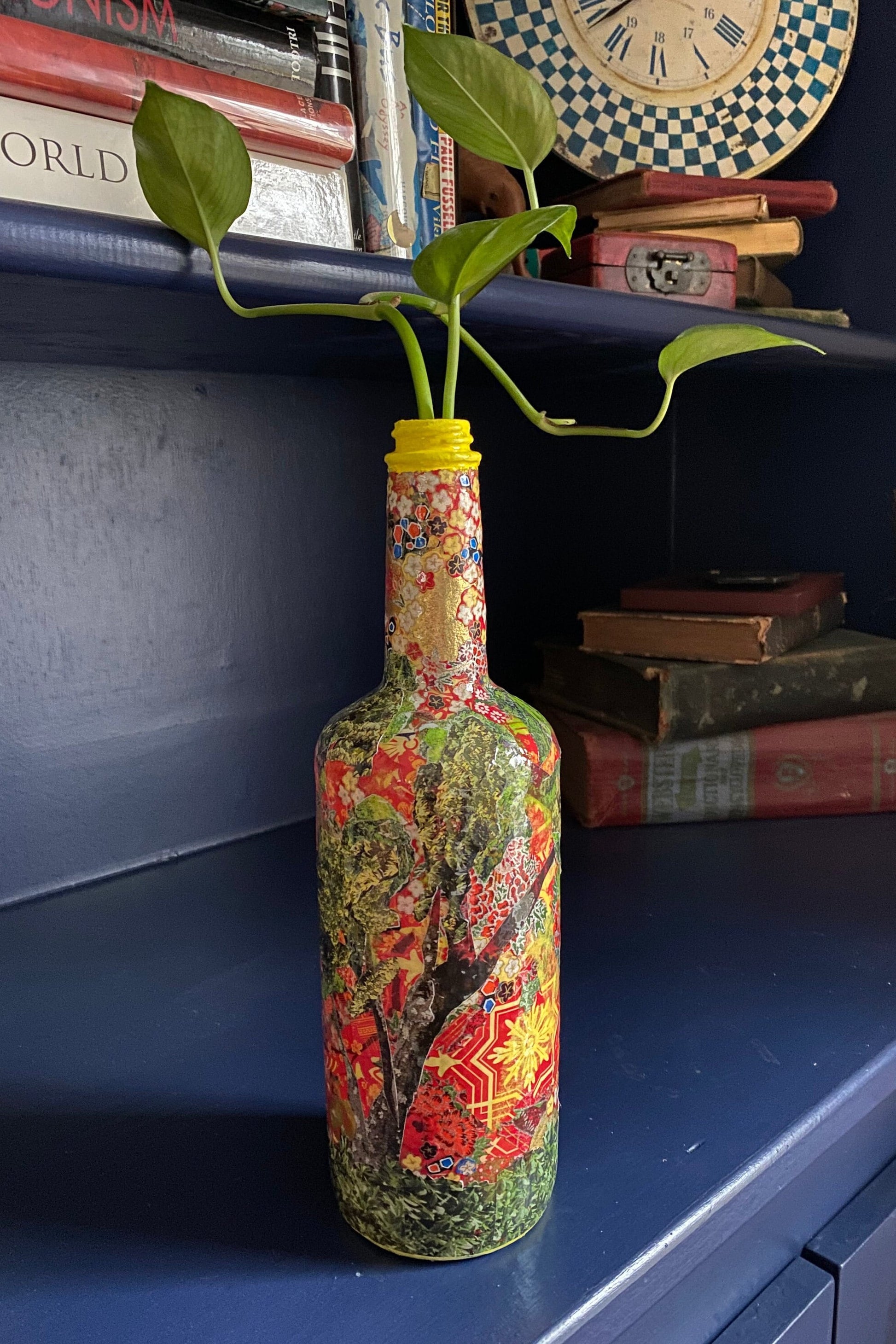 Maximalist Artsy Eclectic Decor Asian Floral Red Vase Decorated Upcycled Wine Bottle Unique Planter Bookend