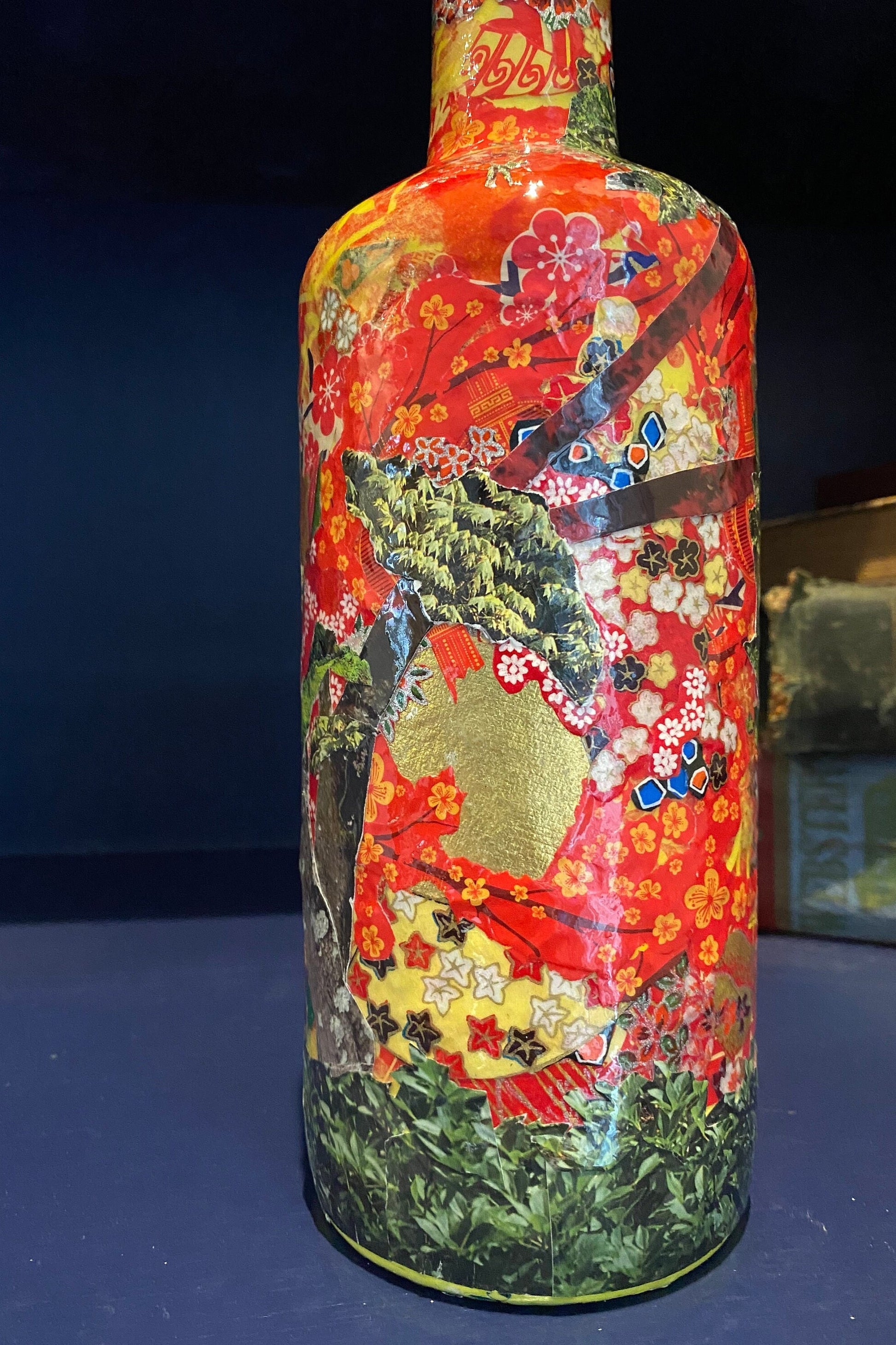 Maximalist Artsy Eclectic Decor Asian Floral Red Vase Decorated Upcycled Wine Bottle Unique Planter Bookend