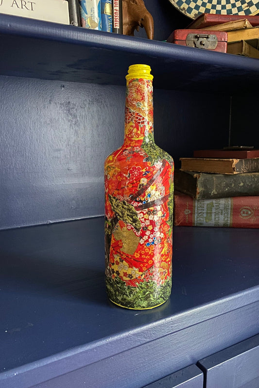 Maximalist Artsy Eclectic Decor Asian Floral Red Vase Decorated Upcycled Wine Bottle Unique Planter Bookend