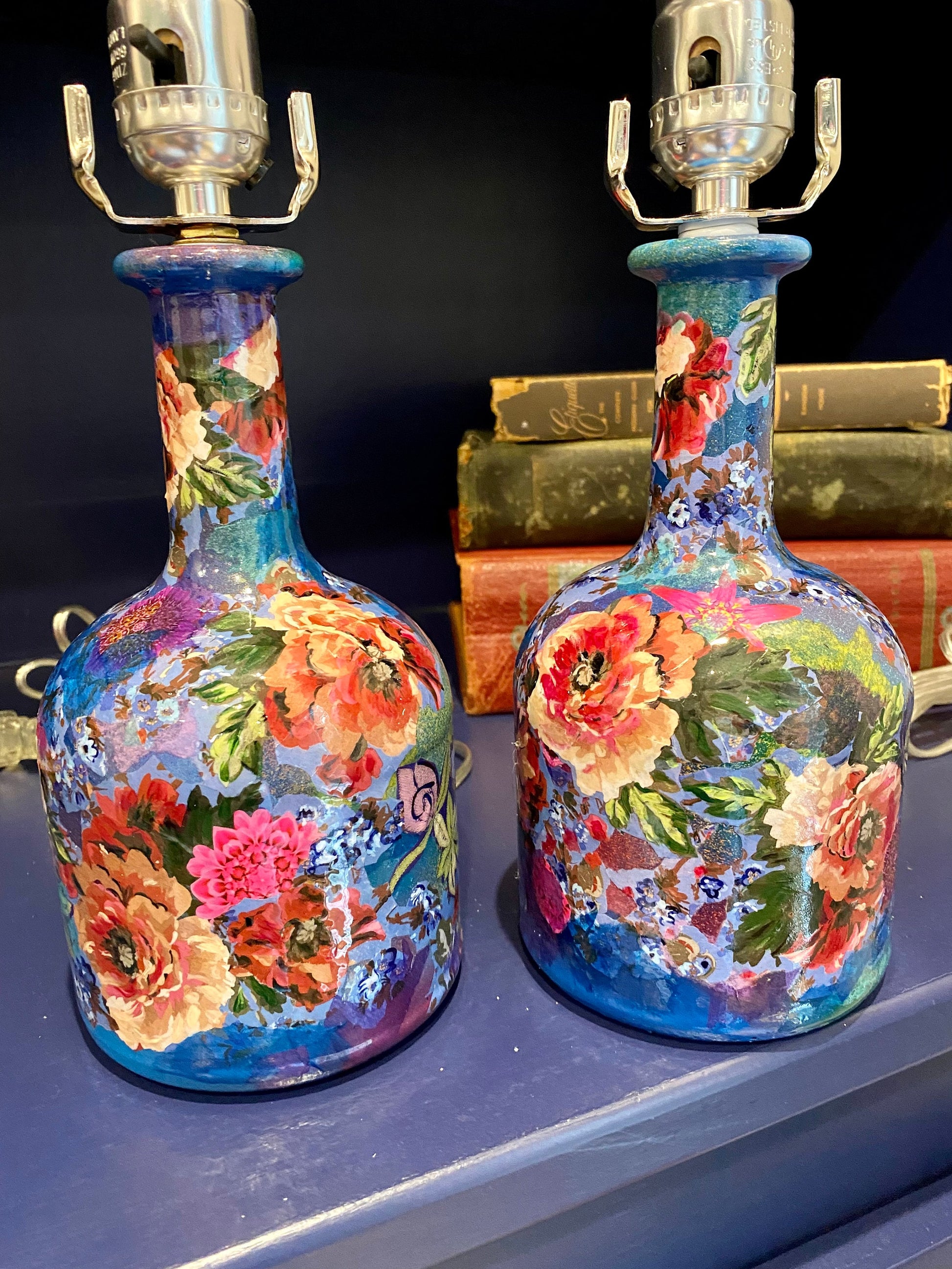 Unique lamps pair artsy decor maximalist style colorful vibrant upcycled tequila bottles