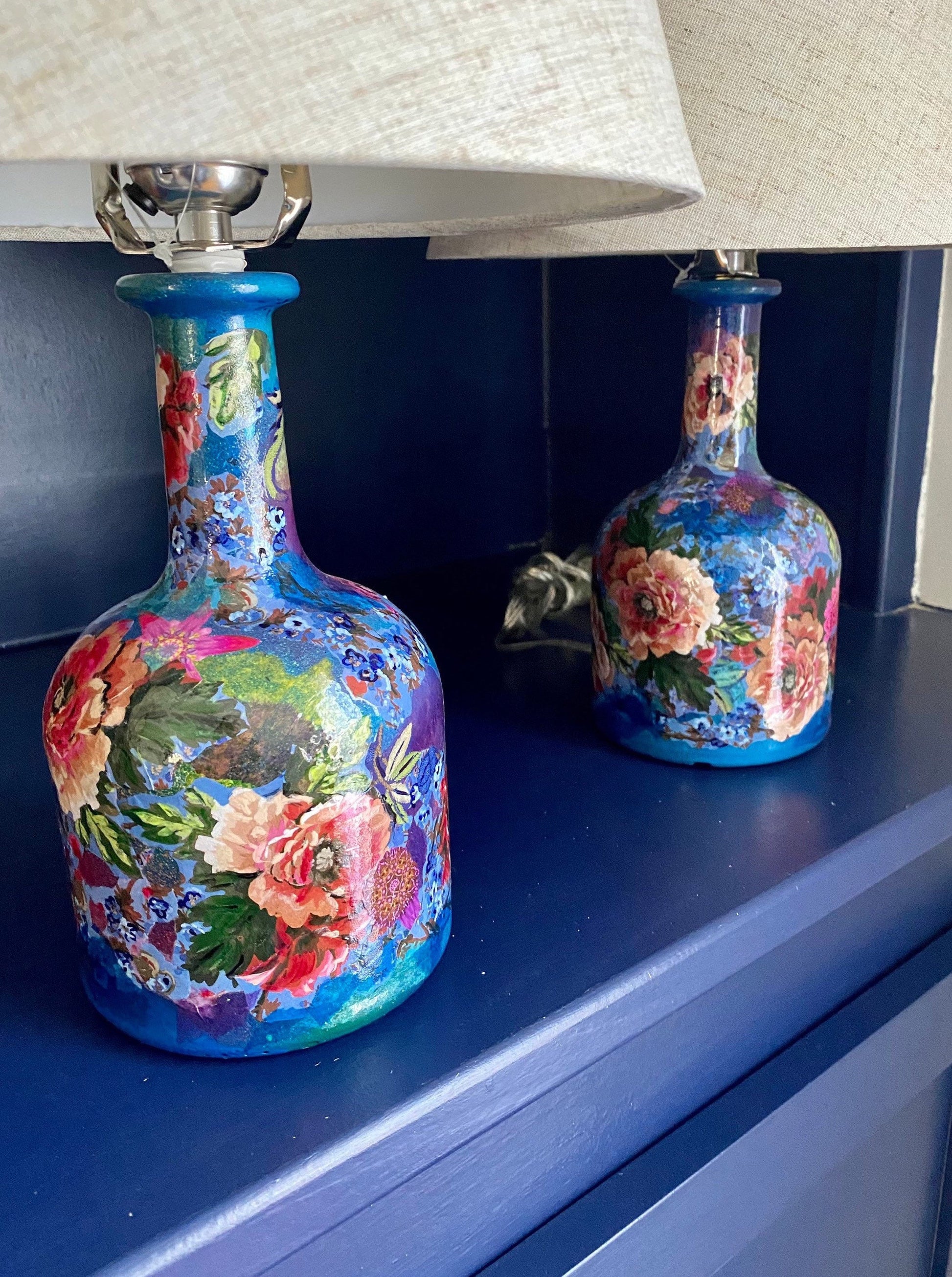 Unique lamps pair artsy decor maximalist style colorful vibrant upcycled tequila bottles