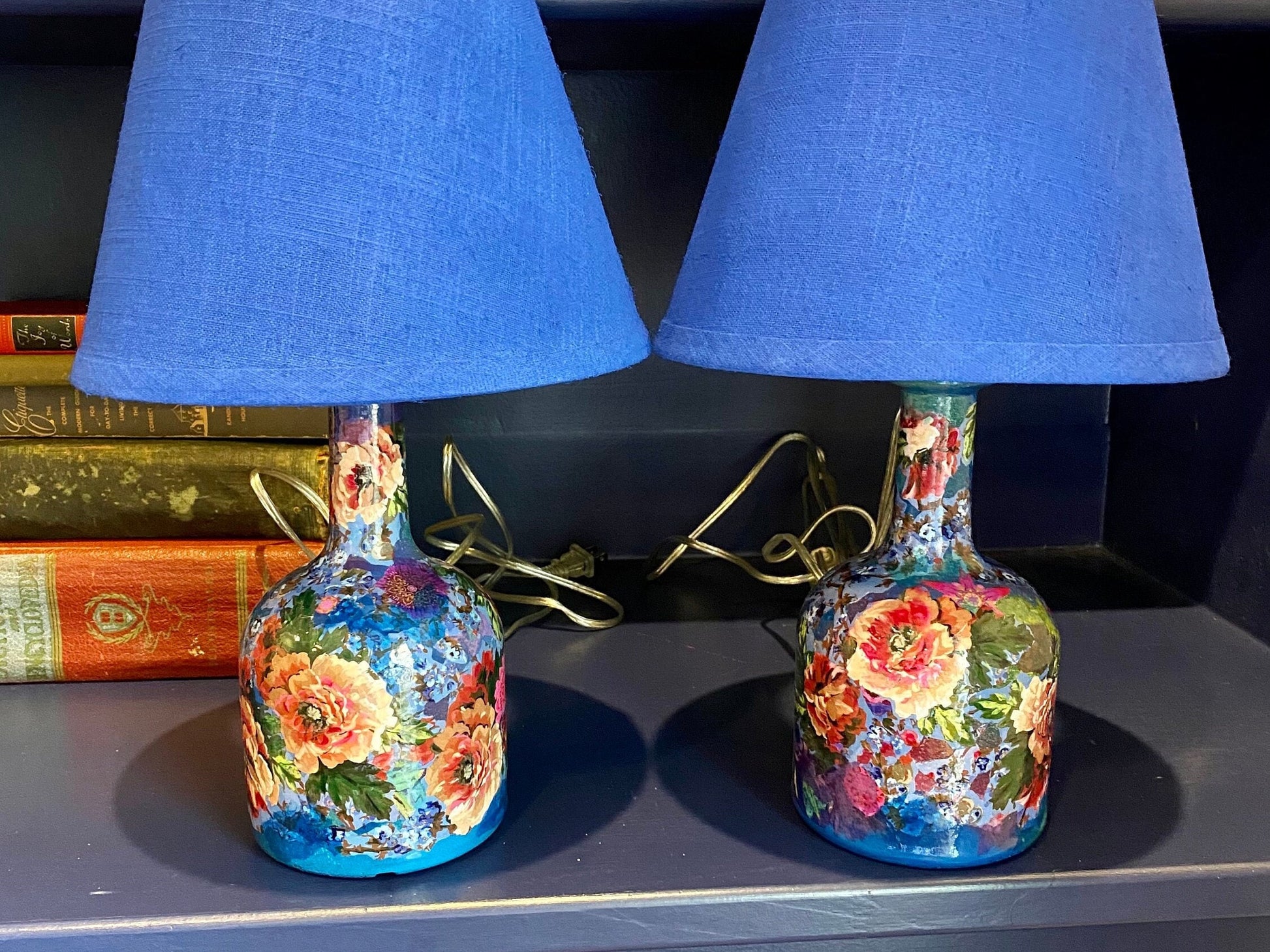 Unique lamps pair artsy decor maximalist style colorful vibrant upcycled tequila bottles