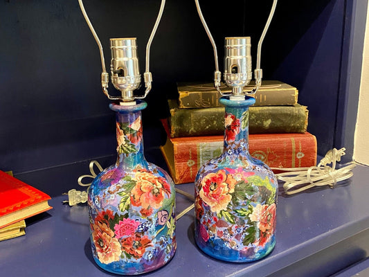 Unique lamps pair artsy decor maximalist style colorful vibrant upcycled tequila bottles